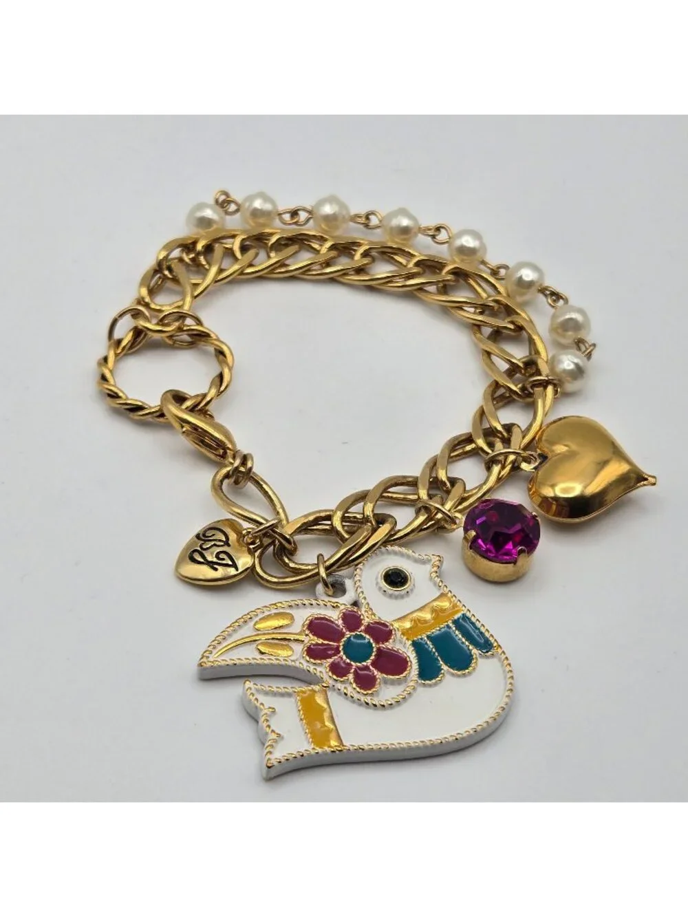 Betsey Johnson Gold Charm Bracelet Enamel Bird Heart Pearl Gemstones
